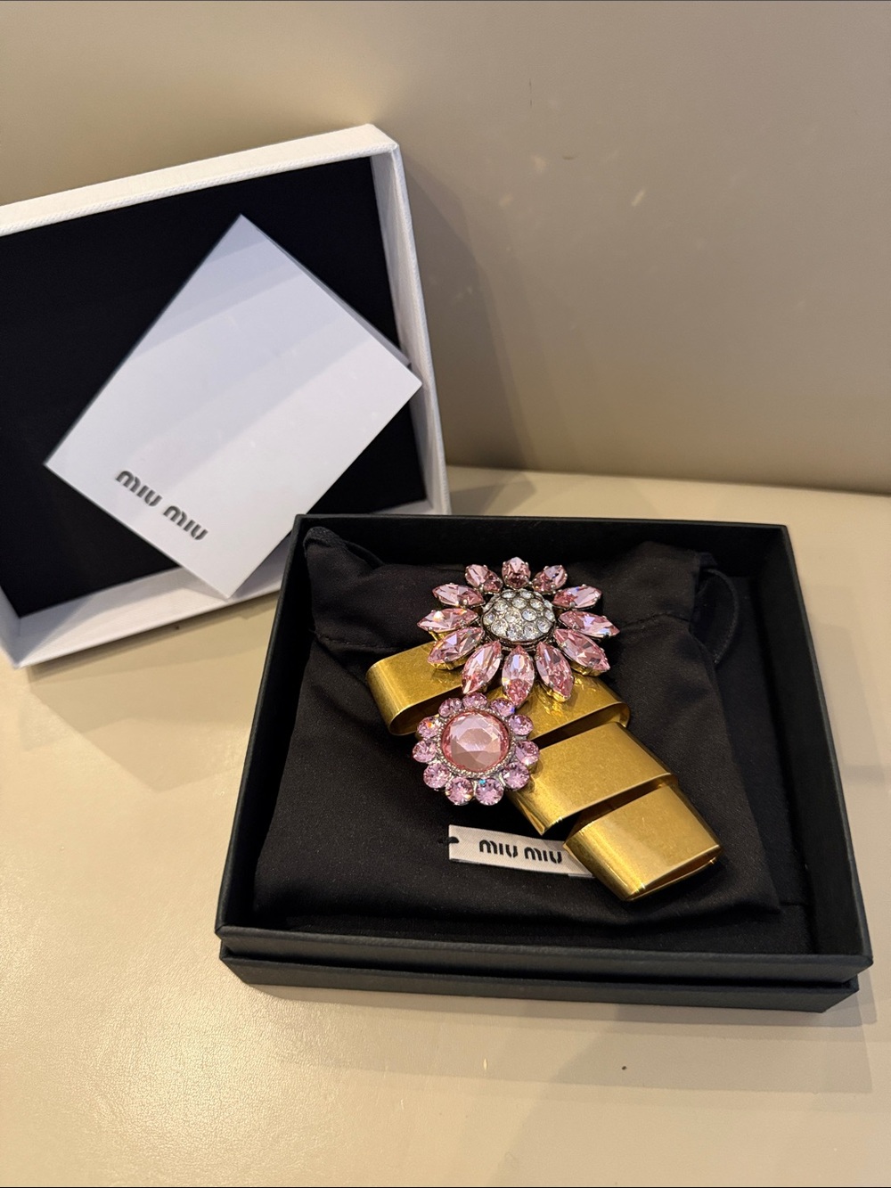 Mui Mui 2018 Runway Crystal Floral Ribbon Brooch -Pink & Gold toned Brass